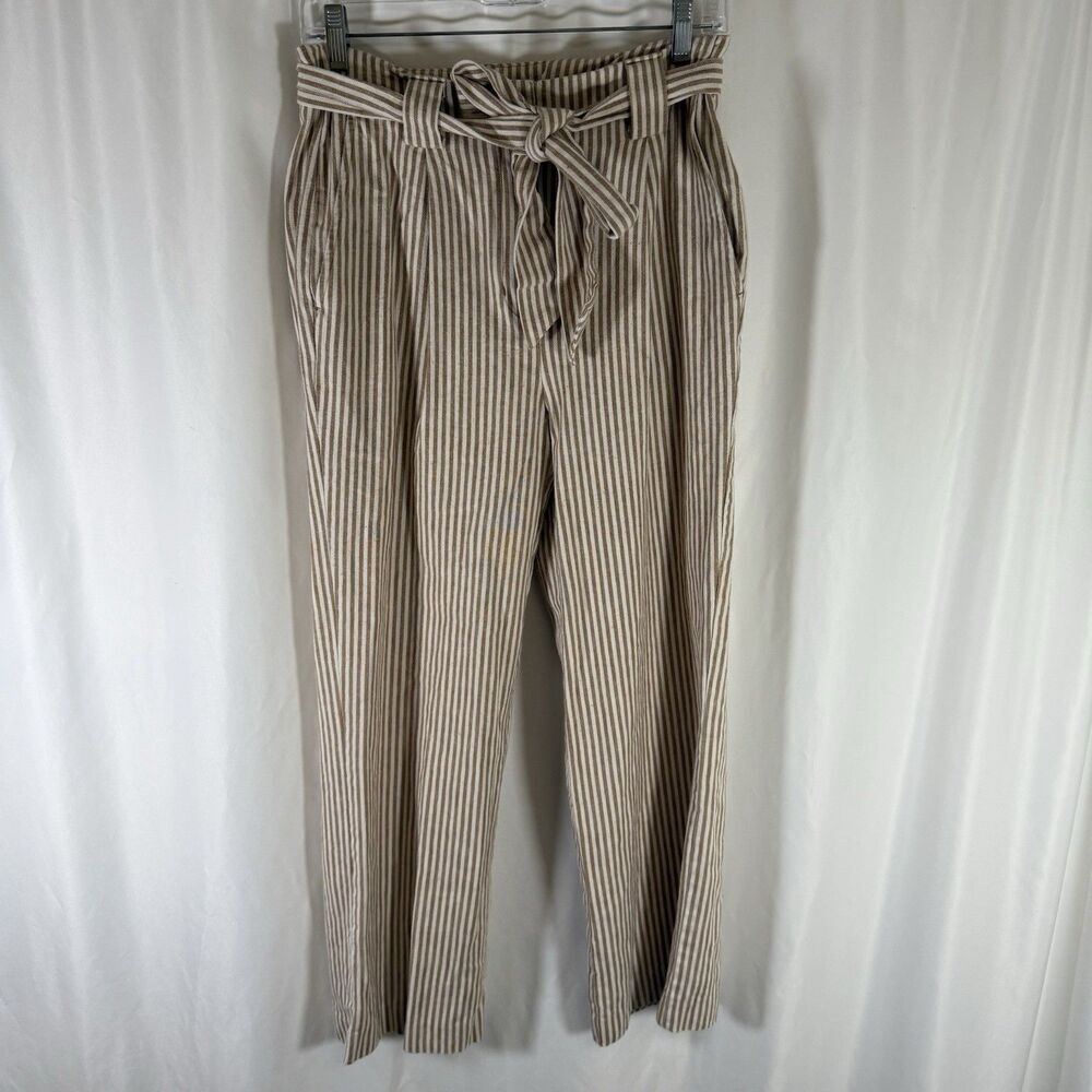 Spartina 449 Pants Women's 6 Brown White Striped Organic Cotton Hemp Belted
